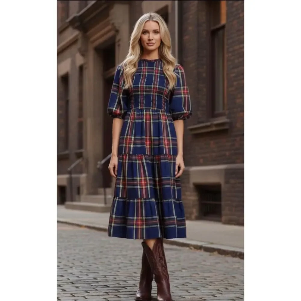 Sugarlips Lakeview Blue Red Plaid Smocked Tiered Maxi Dress Womens Size Medium - Picture 1 of 13